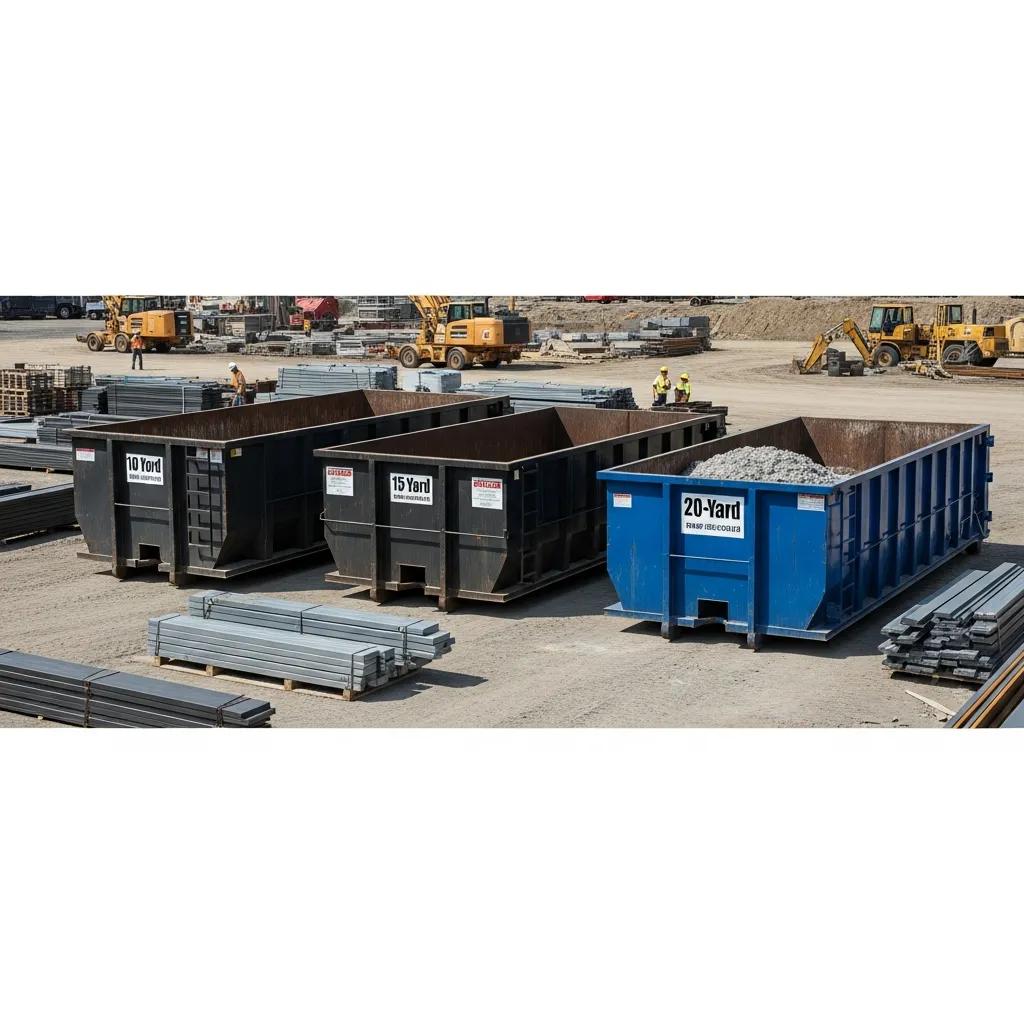 Three sizes of roll-off dumpsters at a construction site, illustrating options for waste management