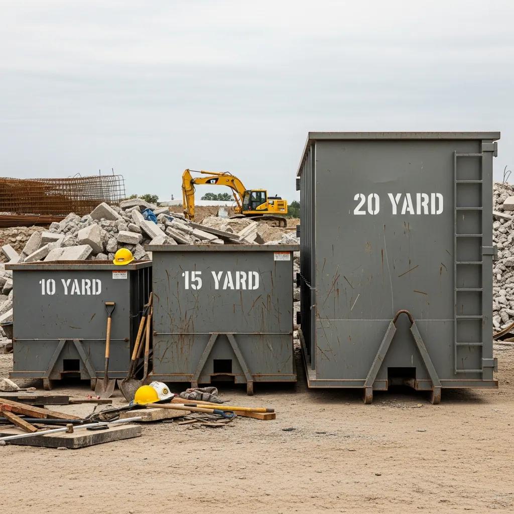 Three sizes of roll-off dumpsters displayed at a construction site, illustrating 10-yard, 15-yard, and 20-yard options for waste disposal