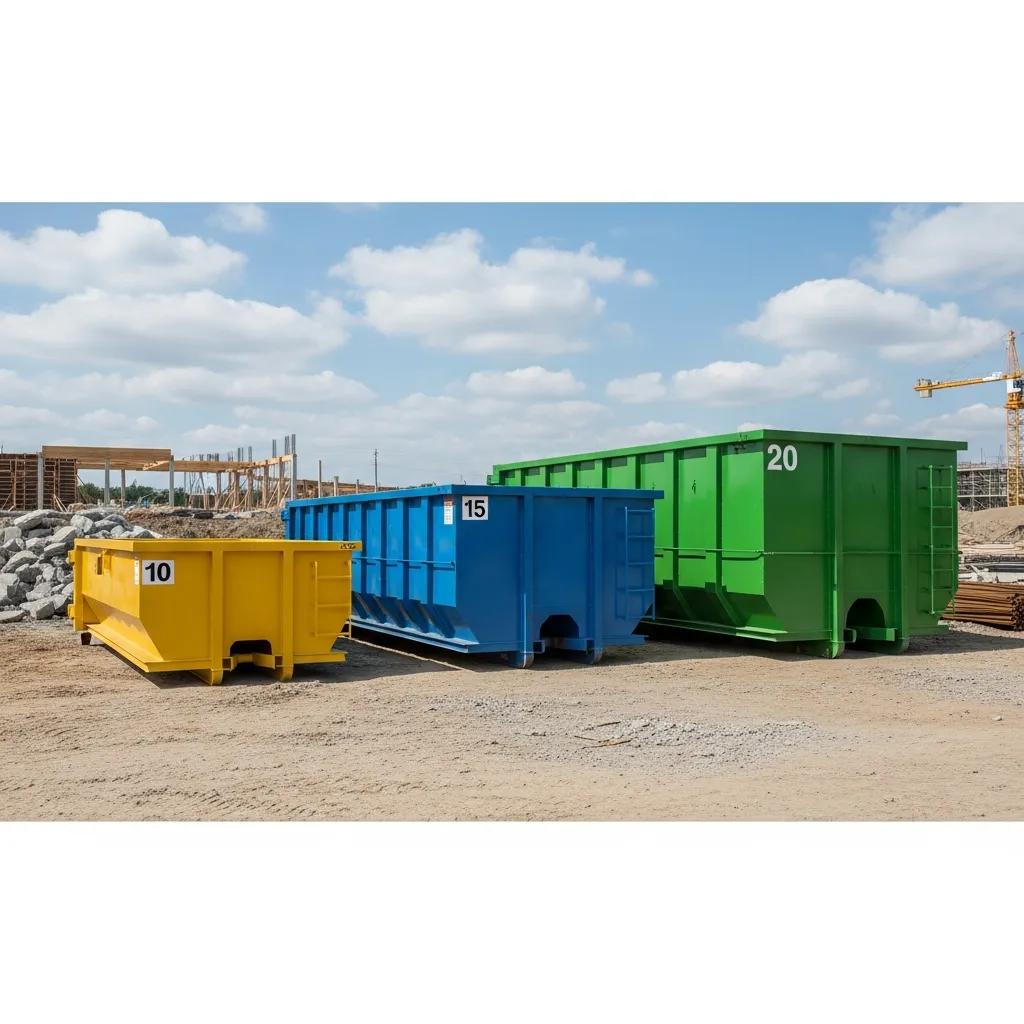 Three sizes of roll-off dumpsters displayed at a construction site, illustrating options for waste management
