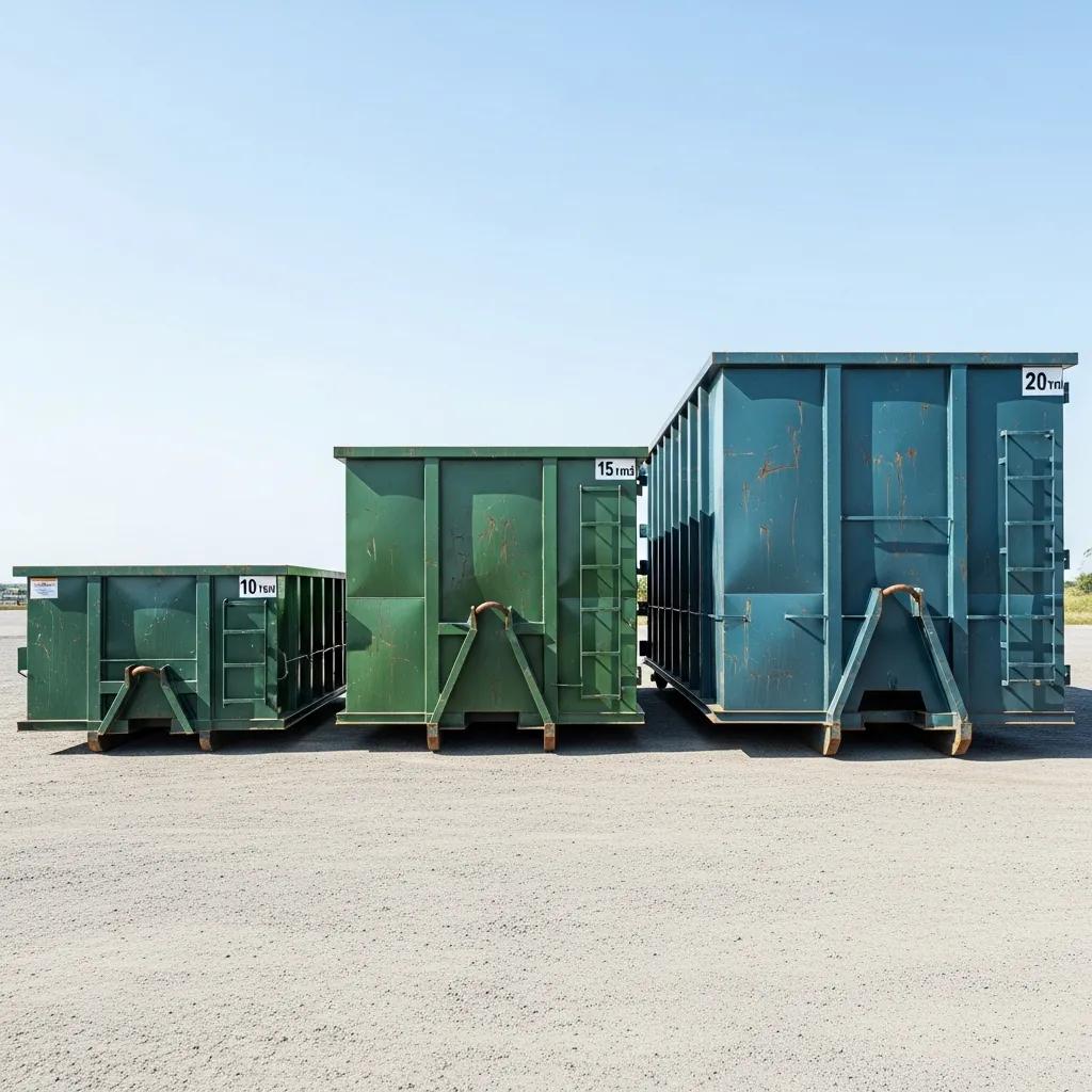 Three sizes of roll-off dumpsters displayed outdoors, illustrating options for waste disposal