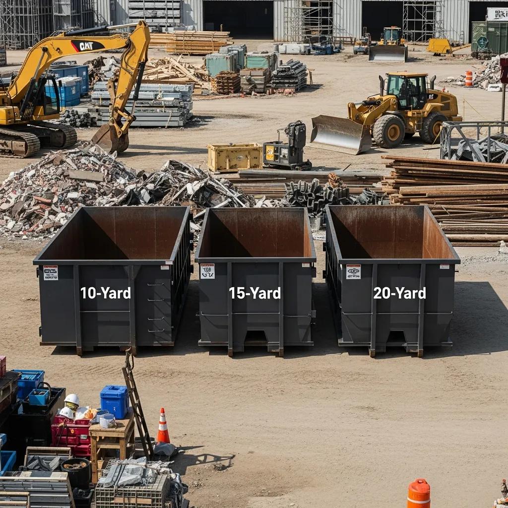 Three sizes of roll-off dumpsters labeled 10-Yard, 15-Yard, and 20-Yard at a construction site
