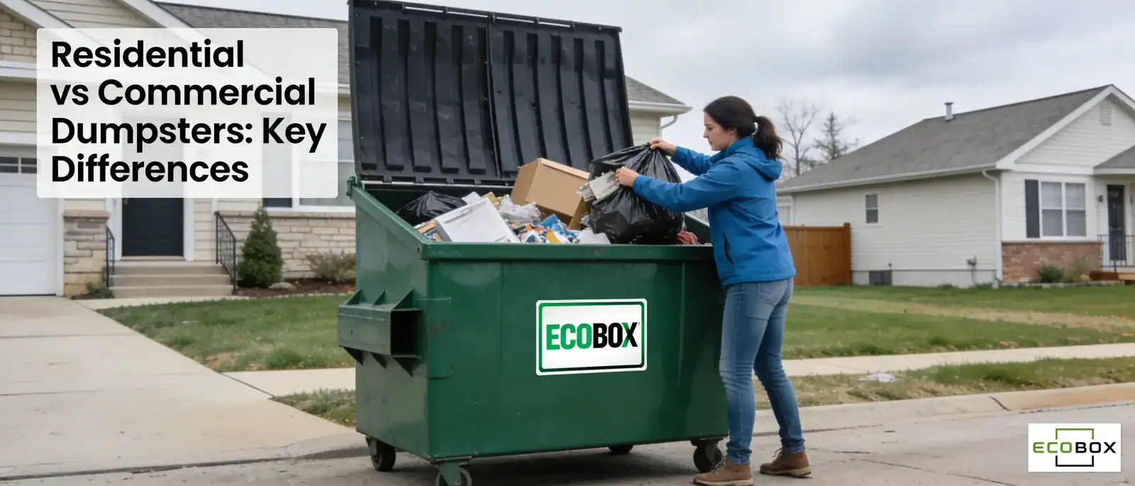 Woman disposing of waste into EcoBox dumpster in residential area.