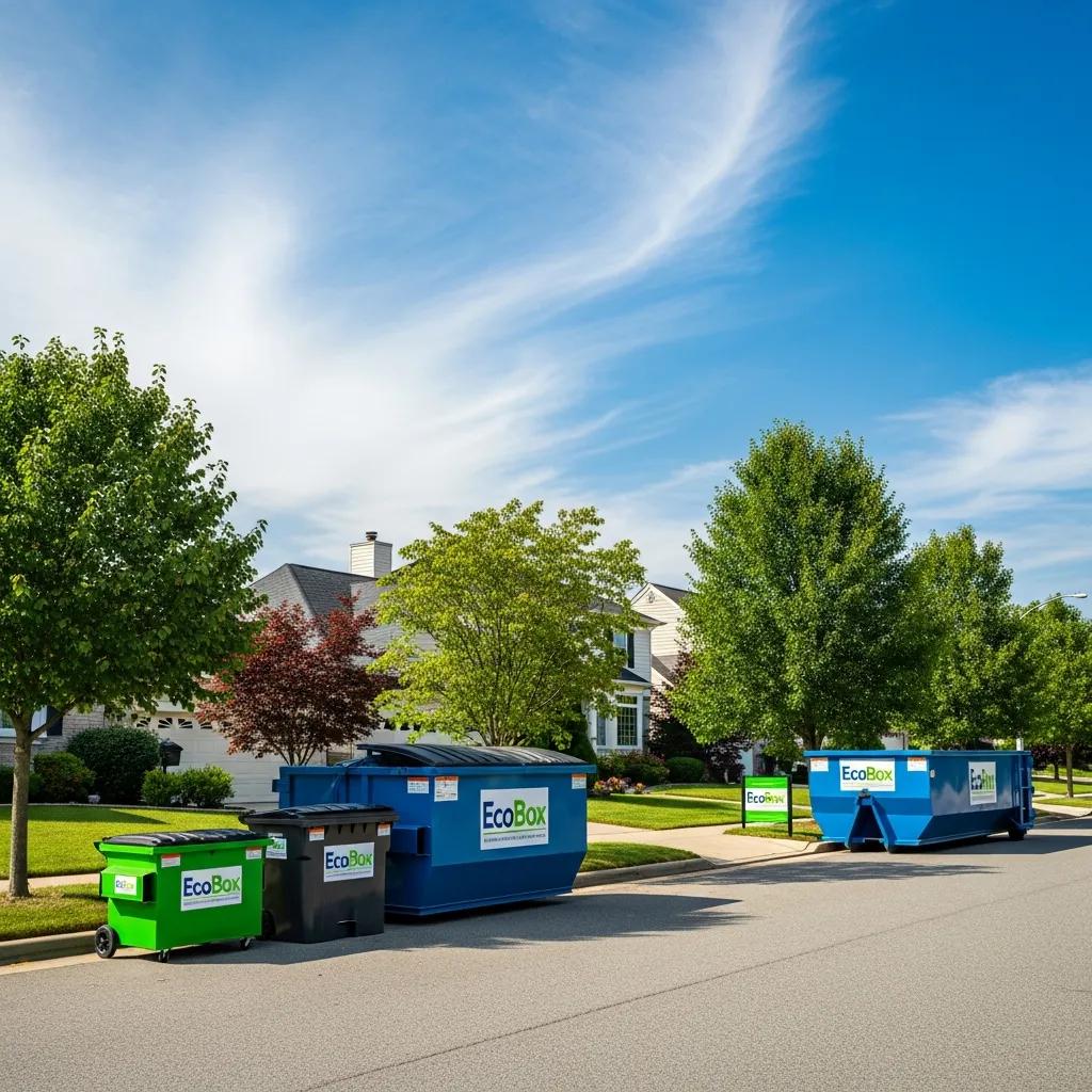 Variety of EcoBox Dumpsters in a residential area, highlighting dumpster rental services