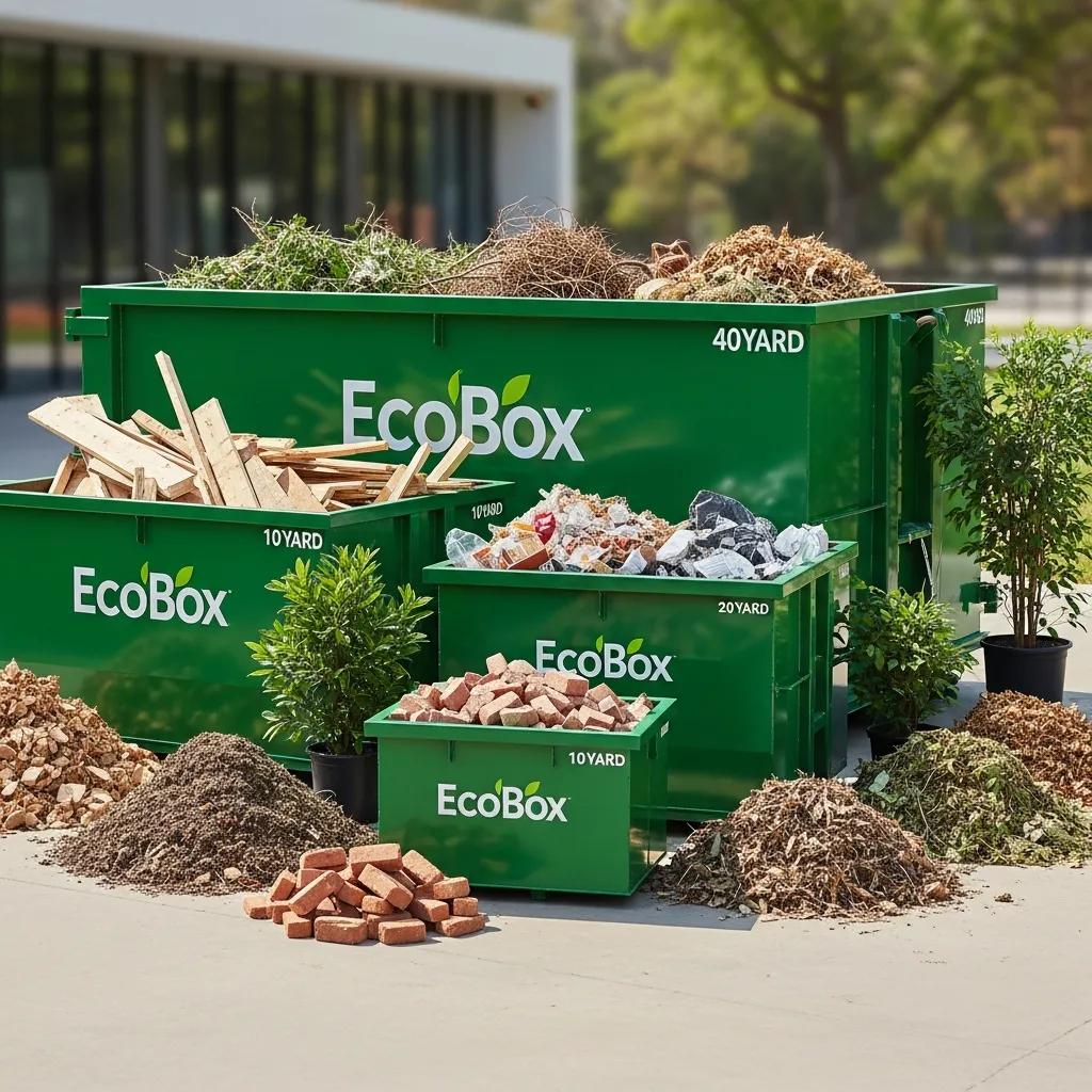 Variety of EcoBox dumpsters in an outdoor setting, highlighting different sizes for waste management