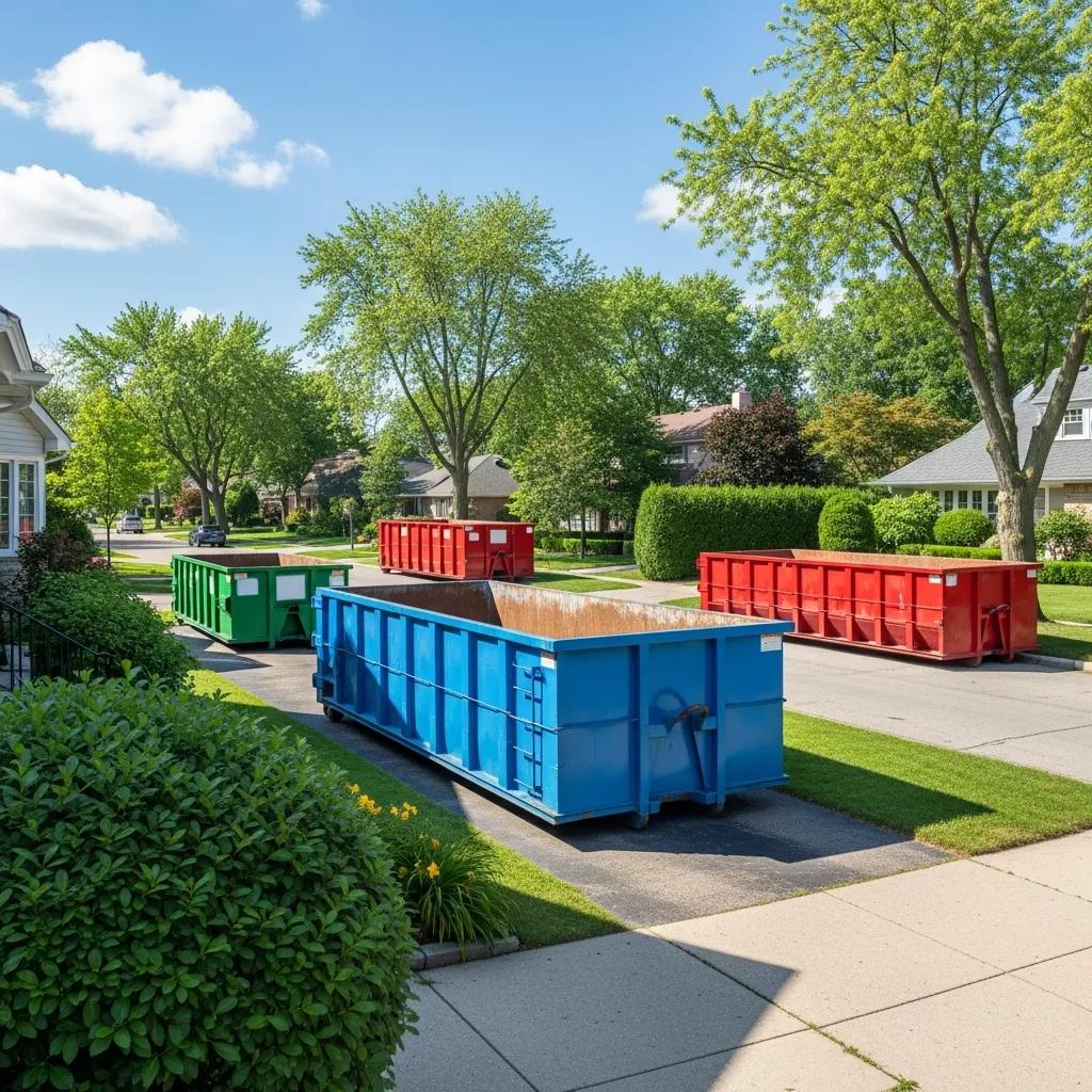 Variety of roll-off dumpsters in a residential neighborhood in Evanston, IL