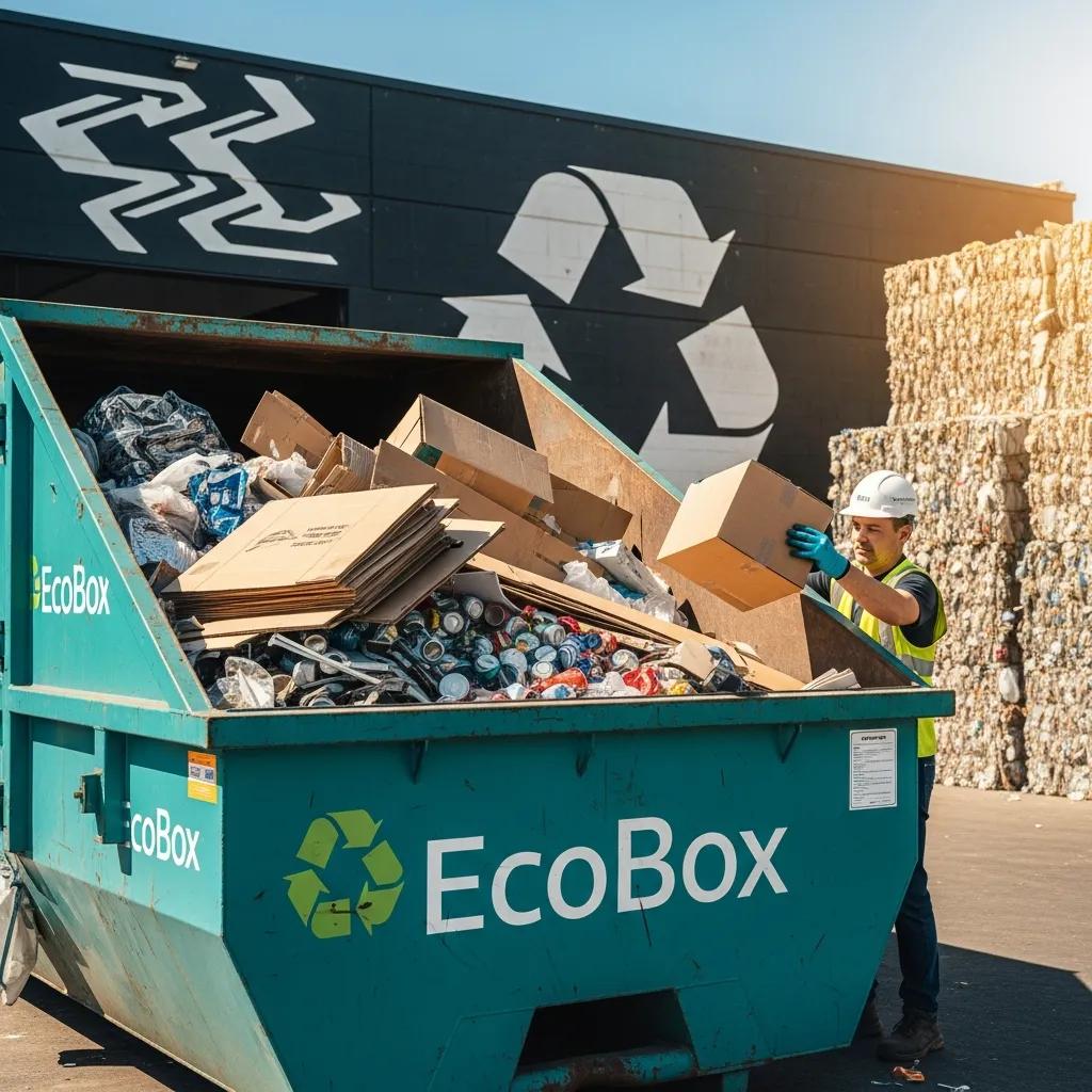 Worker sorting recyclable materials into an EcoBox dumpster, highlighting eco-friendly waste disposal practices