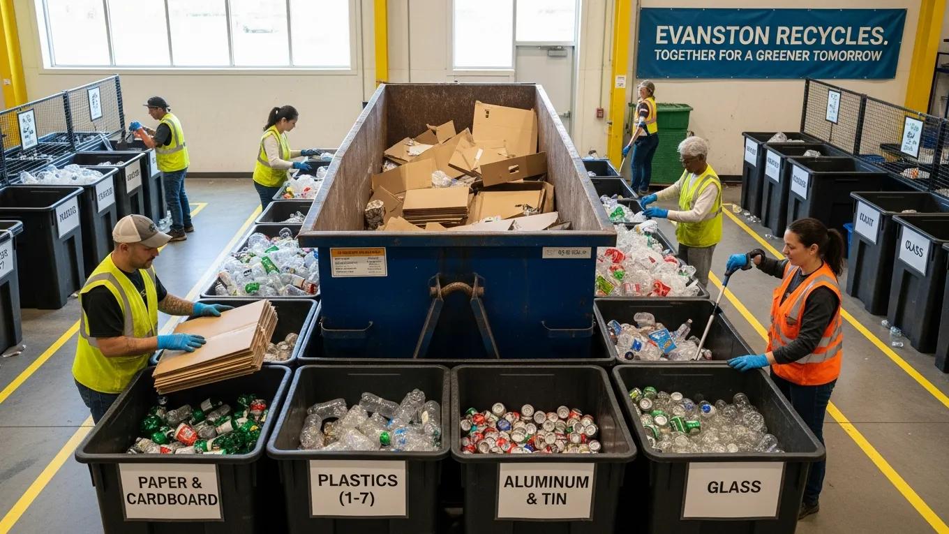 Workers sorting recyclable materials at Evanston Recycling Center, showcasing eco-friendly waste disposal practices.