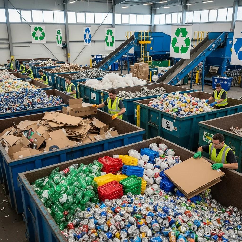 Workers sorting recyclable materials at a recycling center, highlighting eco-friendly waste disposal practices