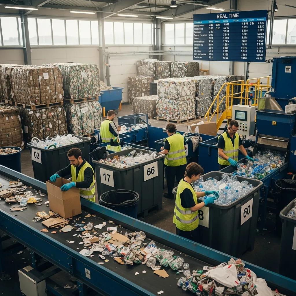 Workers sorting recyclable materials at a recycling center, promoting eco-friendly practices