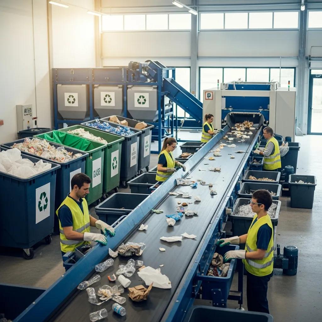 Workers sorting recyclable materials at an eco-friendly waste disposal facility