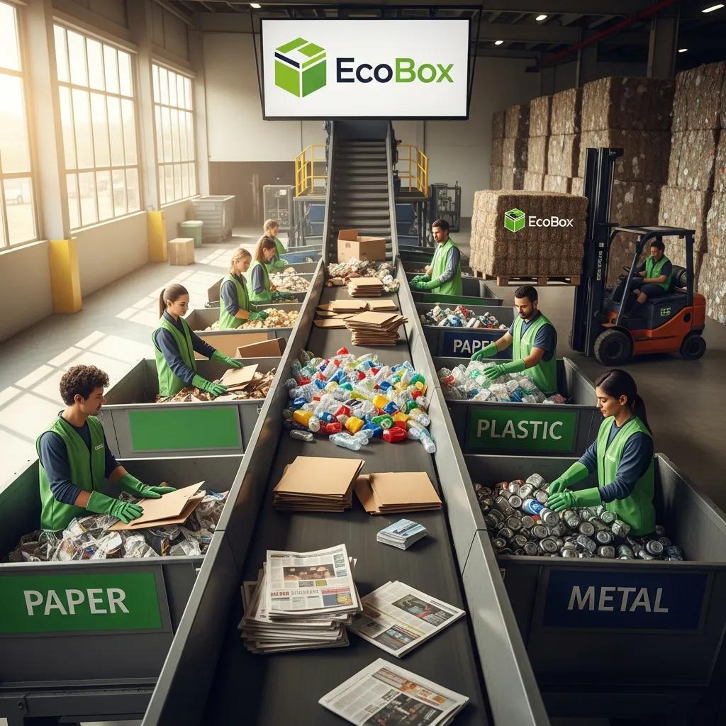 Workers sorting recyclable materials in a facility, showcasing EcoBox's commitment to eco-friendly waste disposal